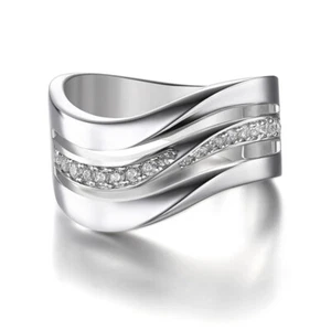 10mm Wave 2mm AAA Cz Band Ring Women's 925 Silver Fashion Ring Sz 6-10 - Picture 1 of 6