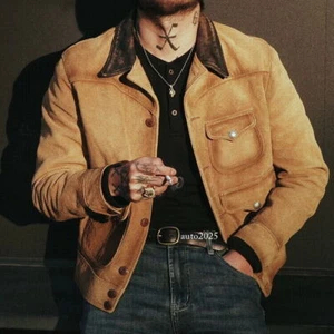 Mens Retro Suede Cowhide Leather American Wild Western Vintage Style Jacket - Picture 1 of 16