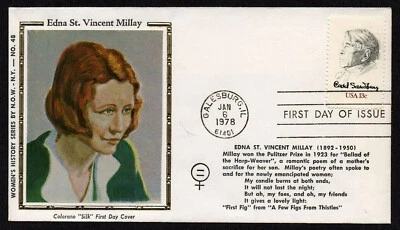 USA, SCOTT #1731, COLORANO SILK FDC COVER 1978 EDNA ST. VINCENT MILLAY, SANDBURG - Image 1 of 3