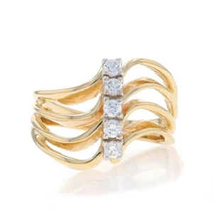 Yellow Gold Cubic Zirconia Five-Stone Bypass Ring - 10k Round Cut .22ctw Wave - Picture 1 of 9
