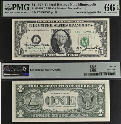 1977 $1 Federal Reserve Note - PMG 66EPQ - Dual Autograph - Morton / Blumenthal - Image 1 of 3