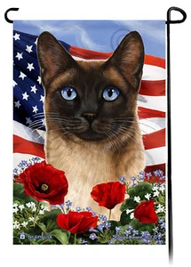 Patriotic Flowers Garden Flag - Seal Point Siamese Cat - Picture 1 of 1