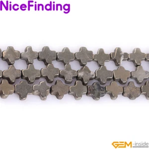 Cross Sliver Gray Pyrite Beads Stone Spacer Prayer Beads For Jewelry Making 15" - Picture 1 of 16