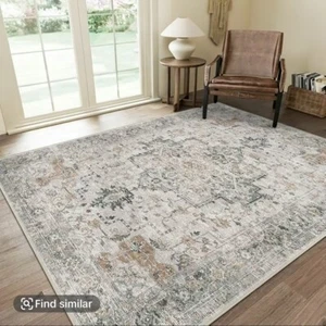 Maschinenwaschbare Rutschfeste Vintage Retro Teppiche Hell Taupe Braun 8x10 - Bild 1 von 7