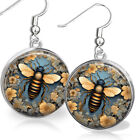 Victorian Inspired Floral Art Print Flowers & Honey Bee Lover Gift Earrings .925