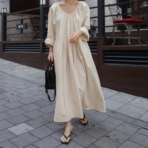 Damen Baumwoll Kleid Locker Freizeit Baggy Oversize Langarm Midi Vintage Apricot - Bild 1 von 26