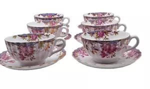 Spode Copeland Irene Teacups and Saucers Set Of 6 England Pink Lavender - Picture 1 of 15