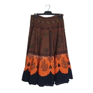 Free People Sz S Vintage Brown Orange Embroidered Peasant Gypsy Boho Midi Skirt - Picture 1 of 9