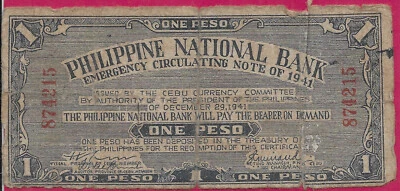 PHILIPPINES (GUERRILLA) 1 PESO 1941 CEBU,PHILIPPINE NATIONAL BANK CEBU BRANCH,Bl - Image 1 of 2