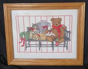 FRAMED 16"x13" Finished CHRISTMAS BENCH Teddy Cross Stitch PICTURE Cat Dog Bear - Picture 1 of 6