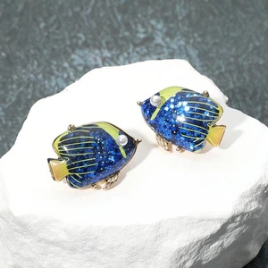 NEW Blue & Yellow Confetti Glittered Tropical Angelfish Gold Tone Stud Earrings - Picture 1 of 1