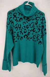 Nine West Turtleneck Sweater Size L Ribbed Turquiose Black Pullover Stretch NWT - Picture 1 of 9