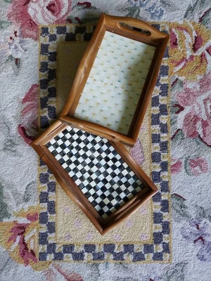 Mackenzie-Childs Parchment Check Enamel Acacia Wood Small Hostess Tray  - Image 1 of 4