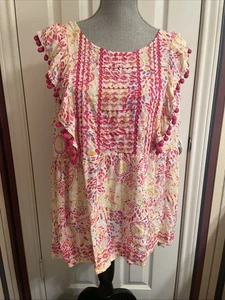 Savanna Jane 1X Pink Geometric Embroidered Pom Pom Blouse - Picture 1 of 11
