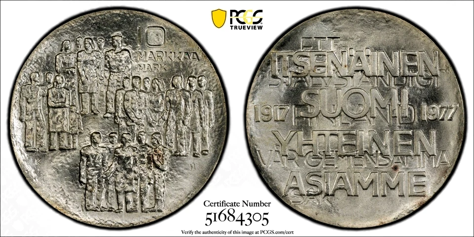 1977 Finland 10 Markkaa 60th Anniversary Independence Silver PCGS MS 68 - Image 1 of 3