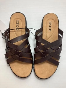 IZOD Womens Slaight Faux Leather Strap Slip On Sandals Brown, Select Size - Picture 1 of 16
