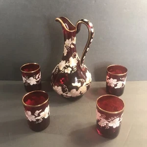 Antique Bohemian Ruby Red Glass Ewer Set/4 Mugs/Europe C.1860/Middle East Market - Picture 1 of 13