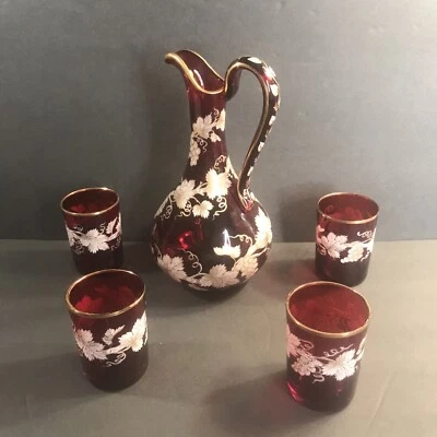 Antique Bohemian Ruby Red Glass Ewer Set/4 Mugs/Europe C.1860/Middle East Market - Image 1 of 4