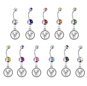 Deer Buck Silver Logo Silver Belly Button Navel Ring - Customize Gem Color - NEW - Picture 1 of 1