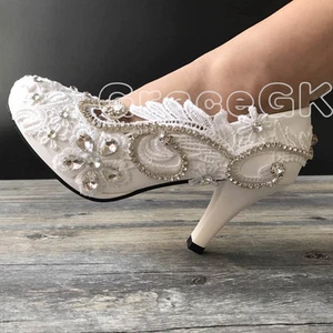 Lace white ivory crystal Wedding shoes Bridal flats low high heel pump size 5-12 - Picture 1 of 12