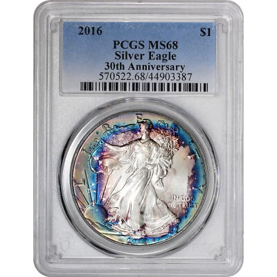 MS68 2016 American Silver Eagle PCGS Beautiful Blue Toning *2901 - Image 1 of 4