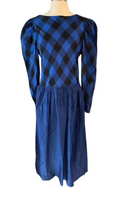 Vestido Vintage Años 80 St. Gillian Kay Unger Azul Formal Azul Cuadros Manga Abullonada Talla 8 Foto 1 de 4