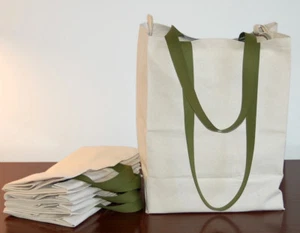 10 Pak Cotton CANVAS GROCERY BAG Shopping Totes Long Green Handles - Made in USA - Picture 1 of 4