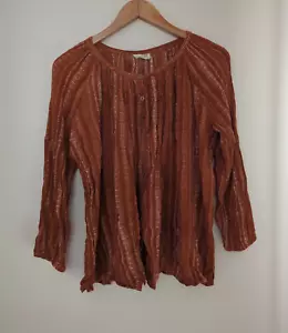 Talisman rust & white 7/8 sleeve button through blouse top Size S/M boho peasant - Picture 1 of 8