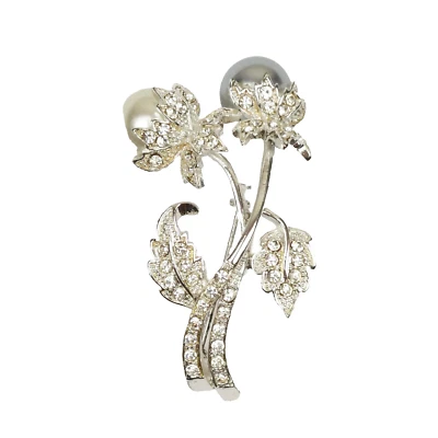 AVON MN Rhinestones & White,Gray Pearls Silver Toned  White Flower  Pin/Brooch - Image 1 of 4