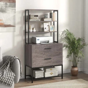 Costway Freestanding File Cabinet with Charging Station and 3-Tier Open Shelv... - Picture 1 of 11