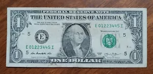 2013 $1 Dollar Bill Fancy Serial Number 01223445 Ladder Banknote RARE - Picture 1 of 2