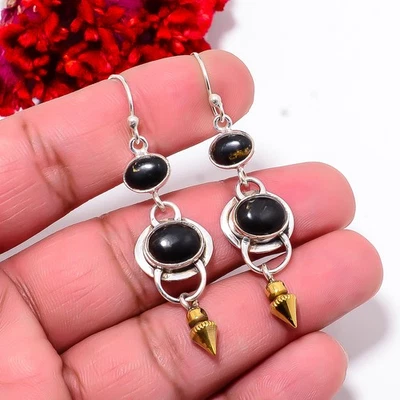 Copper Black Turquoise 925 Silver Two Tone Arrow Head Earring 2.34" E102824 - Image 1 of 4