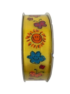 Kirkland Band verdrahtet Happy Schmetterling Blume Glitzer Gesichter gelb 50 Yards x1,5 Zoll - Bild 1 von 5