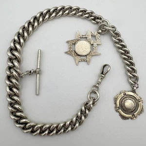 Antike Sterling Silber 925 Albert Taschenuhrkette und Anhänger 132,6 g 15" - Bild 1 von 10