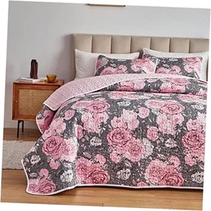 3 Pieces Quilt Set Grey with Pink Floral Quilt Bedding Set King Size Soft - Picture 1 of 7