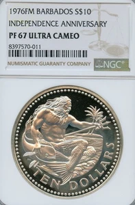BARBADOS $10 DOLLARS SILVER PROOF CROWN 1976 PF-67 UCAM NGC NICE NEPTUNE MAHI - Picture 1 of 2