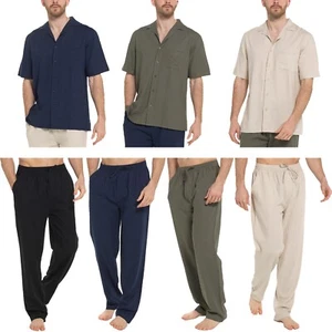 New Mens Linen Shirt Short Sleeve Top Trousers Pants Loose Casual Beach Summer - Picture 1 of 31