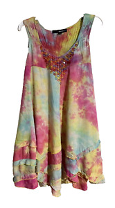 Denim 24/7 Women’s Tie Dye Dress Rainbow Boho Hippie Beaded Festival Size 16W