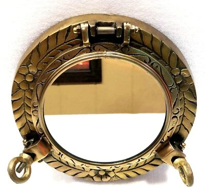 9" Antique Brown Finish Canal Boat Engrave Porthole-Window Ship Round Mirror - Image 1 of 4