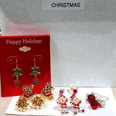 CHRISTMAS EARRINGS MIXED LOT OF 6 PAIRS COSTUME JEWELRY FESTIVE HOLIDAY - Image 1 of 4