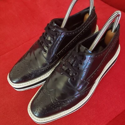 PRADA Black Wingtip Brogue Platform Derby Creepers Sneakers Shoes Size 37 US 7 - Image 1 of 4