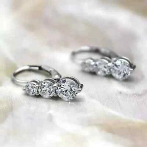 2Ct Lab Created Three Diamond Drop Dangle Women Earrings 14K White Gold Plated - Picture 1 of 8