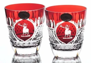 Ajka Ruby Red Deer Elk Stag Buck Cut to Clear Cased Crystal Whiskey Glasses Rare - Picture 1 of 5