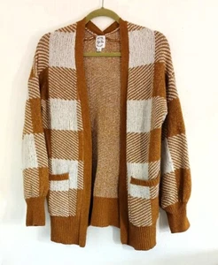Hippie Rose Women Bronze Plaid Open Front Long Sleeve Cardigan Sweater Size XS - Picture 1 of 7