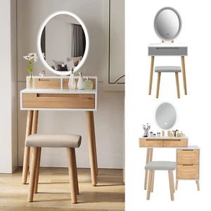 Vanity Desk Make Up Dressing Table Set w/ LED Lighted Mirror Stool Drawer Small - Picture 1 of 27