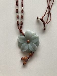VINTAGE Handmade Jade Jadeite Adjustable Flower Necklace on Brown Silk Cord