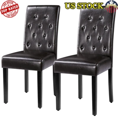 Juego de 2 sillas de comedor de cuero sintético cómodas patas de madera maciza acolchadas nuevas Foto 1 de 4