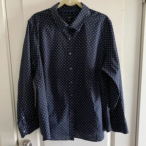 Talbots 24w Plus Size Dark Blue Polka Dot Long Sleeve Shirt Wrinkle Resistant - Picture 1 of 13