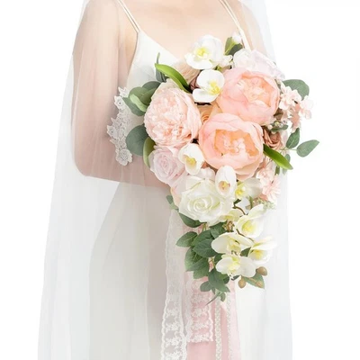 Ramo de novia Ling's moment rubor en cascada, ramos de boda rosa para novia... Foto 1 de 4