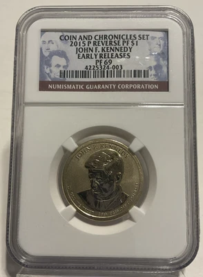 2015 年 P 版约翰·肯尼迪硬币和编年史套装反向精制美元 NGC PF 69 — 第 1/2 张图片